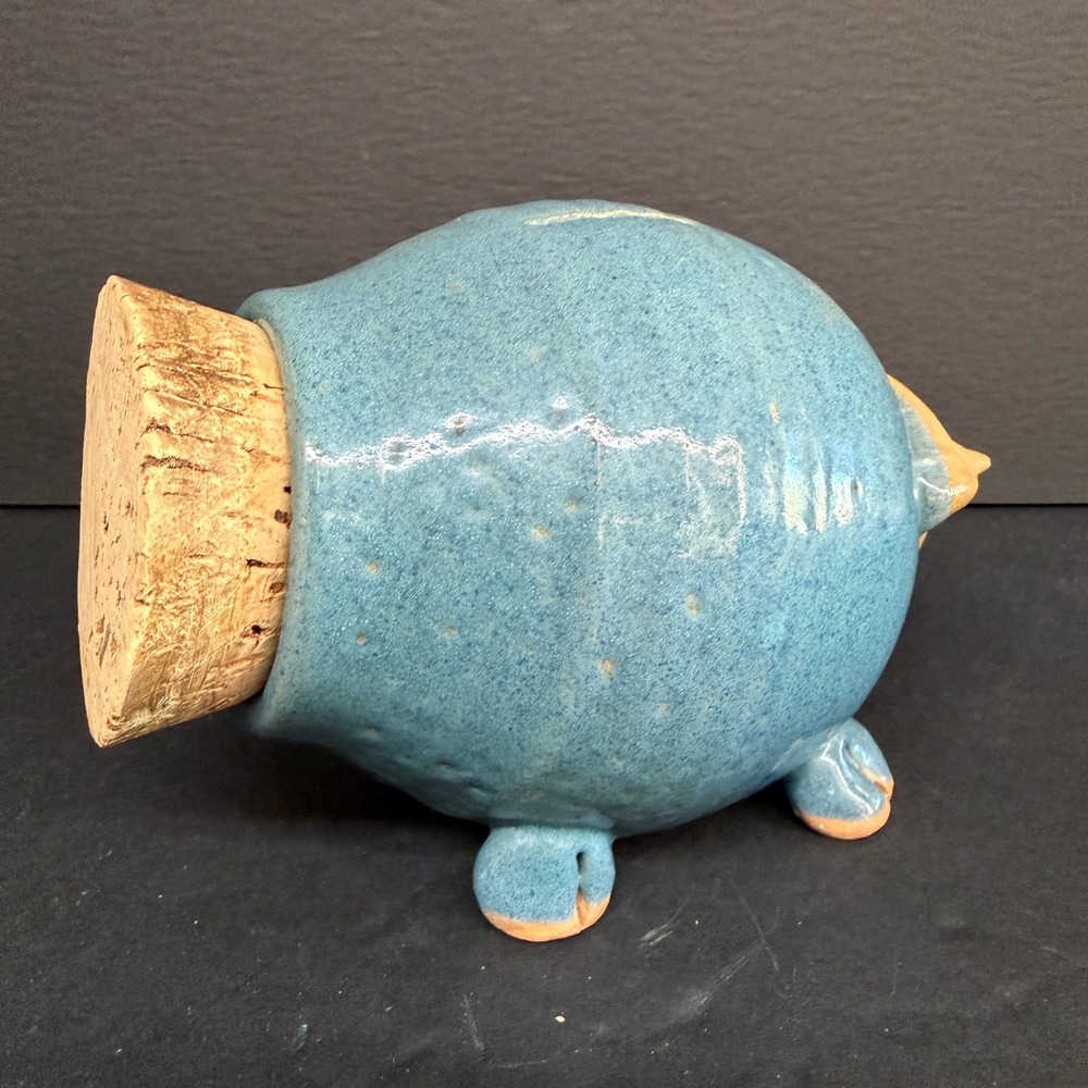 Vintage Piggy Bank with Cork Butt Blue Glazed ceramic Whimsical Pig Figurine - Picture 6 of 13
